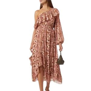 MISA Vola Floral One Shoulder Midi Dress San Lorenzo Flora Pink Size XS NWT